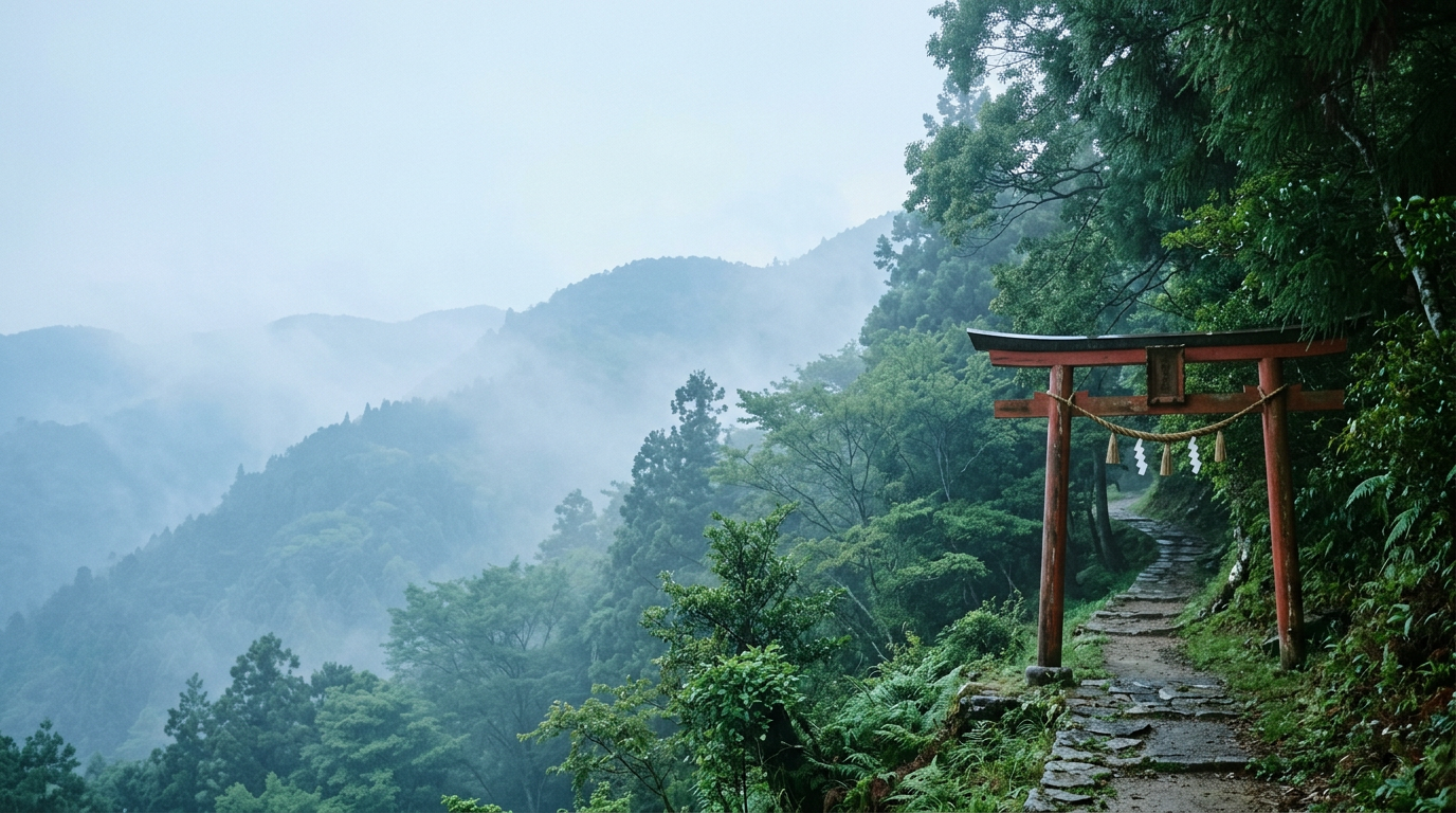 Misty Japanese mountain landscape with a red torii gate
